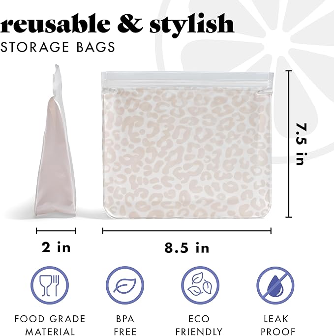 Fit & Fresh Reusable Sandwich Bags (3 Pack) – Leakproof Reusable Food Storage Bags, BPA-Free, Freezer Safe, Eco Friendly Bags for Snacks, Lunch, Meal Prep, Ivory Feline Fine