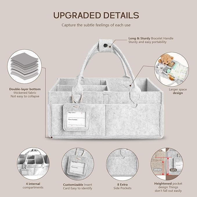 GEMII Diaper Caddy Organizer-Large Baby Caddy Organizer with Handle, Newborn Registry Essentials, Baby Shower Basket Gifts for Boys or Girls (Gray, Large)