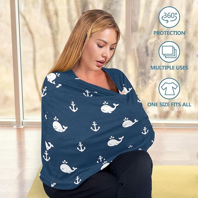 Nursing Cover Breastfeeding Soft Carseat Canopy Whales Blue Background Multi Use for Baby Car Seat Covers Canopy Shopping Cart Cover Scarf Light Blanket Stroller Cover