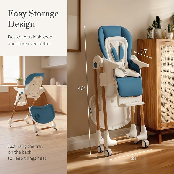 Foldable High Chairs for Babies and Toddlers, 3-in-1 Convertible Baby High Chair with Removable Soft Cushion and Tray, Adjustable Height & Recline, Lockable Wheels, Dark Blue