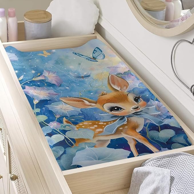 Cute Deer Baby Changing Pad Cover Cozy Breathable Universal Tray Table Mat Waterproof Stretchy Lightweight Sheet Crib Mat