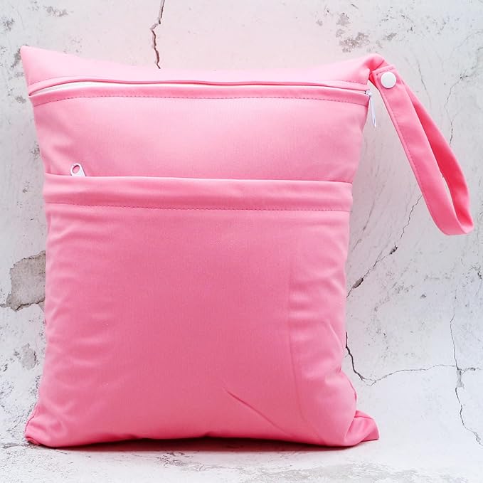 2pcs Cloth Diaper Wet Dry Bags Waterproof Reusable with Two Zippered Pockets Travel Beach Pool Daycare Soiled Baby Items Yoga Gym Bag for Swimsuits or Wet Clothes (3036-2-pinkmint)
