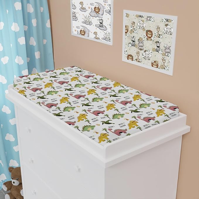 Cute Dinosaurs Changing Pad Cover Cartoon Dinosaurs Tree Eggs Diaper Change Table Pad Cover Sheets for Boys Girls Soft Breathable Stretchy Snug Fitted Diaper Changing Mat Sheets 32''x16''