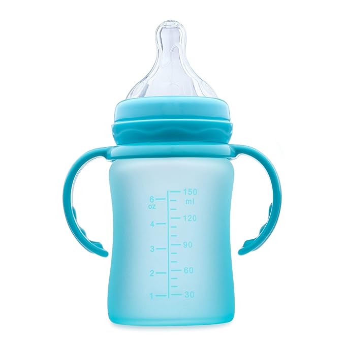 3-in-1 Glass Sippy Cups for Toddlers 1-3 | Silicone Coated Baby Sippy Cup | Non-Toxic Transition Sippy Cup with Removeable Handles | Baby Straw Cup (Teal, 5 oz)