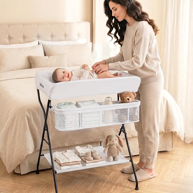 INFANS Baby Changing Table, Folding Diaper Station Portable Nursery Organizer with Safety Belt and Large Storage Racks for Newborn Baby and Infant (White)