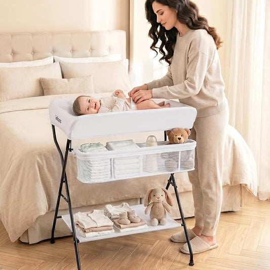 INFANS Baby Changing Table, Folding Diaper Station Portable Nursery Organizer with Safety Belt and Large Storage Racks for Newborn Baby and Infant (White)
