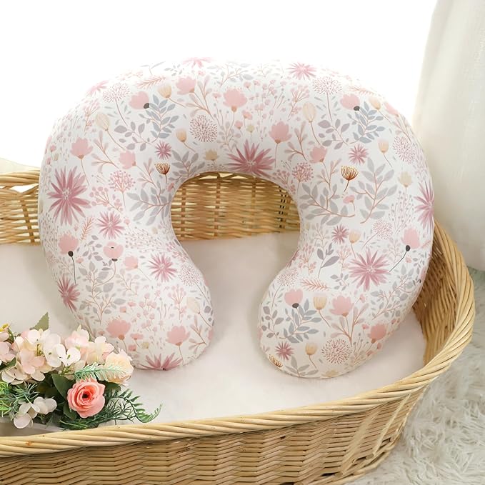 Nursing Pillow Cover 2 Pack, Breastfeeding Pillow Cover for Baby Girls Boys, Soft Stretchy Nursing Pillowcase for Infant Newborn, Removable Slipcover for Nursing Pillows, Pink Floral (Only Cover)