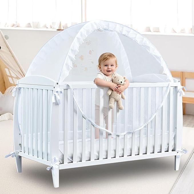 Baby Crib Tent Safety Net to Keep Baby in, Pop Up Crib Tent Canopy Keep Baby from Climbing Out, Mosquito Net for Baby Crib, Ultra Stable Frame, Durable Strong Self-Locking Zipper, White