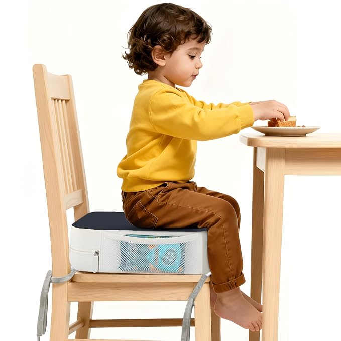 Booster Seat for Kitchen Chair, 3.8" Toddler Booster Seats for Dining Table with Ties, PU Dining Chair Pads with Side Pockets, Non-Slip & Removable Booster Seat for Table Increasing Cushion (Blue)
