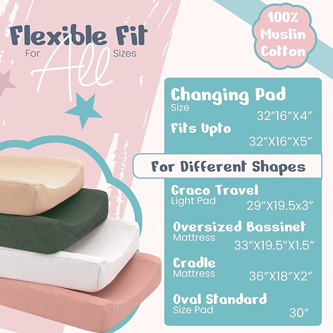 100% Muslin Changing Pad Cover Ultra Soft 120GSM Baby Changing Pad Covers for Girls and Boys - Easy wash Diaper Changing pad Cover with Low Shrinkage (4 Pack - White/Sage Green/Beige/Sand)