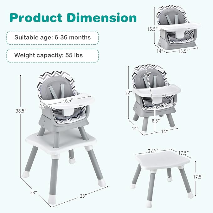 HOMGX Baby High Chair, 8-in-1 Convertible High Chair w/Removable Tray & Safety Harness, Infant Dining Booster Seat, Building Block Table & Chair Set, Highchair for Babies and Toddlers (Wave Grey)