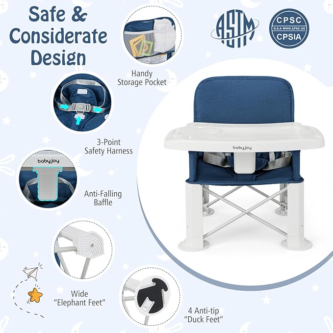 BABY JOY Travel Booster Seat with Double Tray, Folding Portable High Chair Booster Seat for Dining Table, Indoor/Outdoor Use, Camping, Beach, Lawn, Compact Baby Seat with Straps & Carrying Bag (Blue)