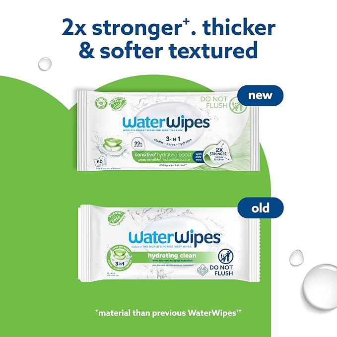 WaterWipes Sensitive+ Hydrating Boost Wipes, 3-In-1 Cleans, Cares, Hydrates, 99% Water with Aloe Vera, Unscented & Hypoallergenic Baby Wipes, 60 Count (1 Pack)