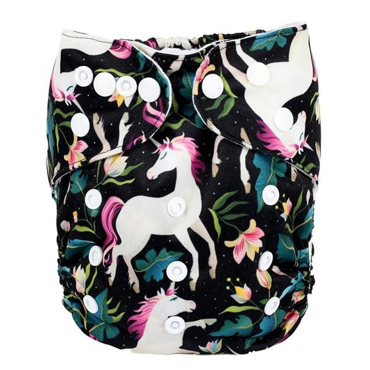 Baby Pocket Diaper Nappy Reusable Washable 8lbs to 36lbs (Floral Horse)