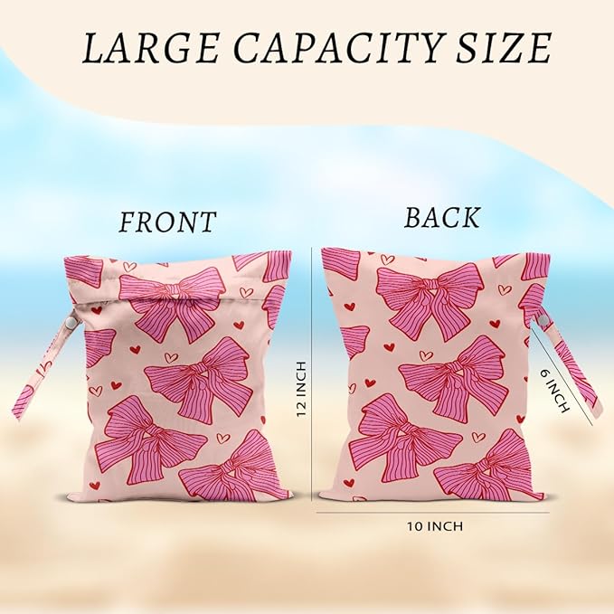 Pink Bow Wet Bags 12x10 Inch, Heart Waterproof Reusable Wet Dry Bags, Bow Tie Washable Travel Laundry Bag for Swimsuit Pool Beach Diapers Dirty Yoga Gym Clothes, Pink Gifts for Women Friend Travelers