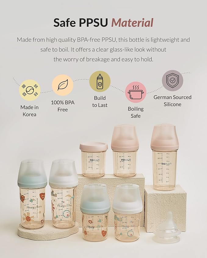 Moyuum MOV.aa Premium PPSU Wide Neck Anti-Colic Baby Bottle | Made in Korea, Microplastic & BPA-Free, Breastfeed Transition, Natural Fit Nipples for Newborns & All Stages - 5 oz (2 Pack, Beige)