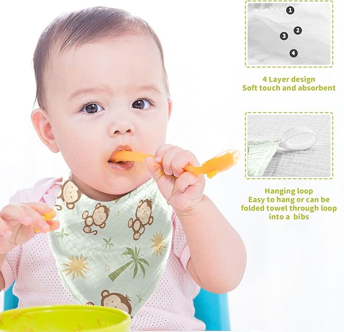 vvfelixl Cute Monkey Coconut Trees Baby Burp Cloths Baby Muslin Washcloths for Boys Girls Cotton Babys Face Towel for Newborn Infants Soft and Absorbent 11.8 X 11.8 in, 5 Pack