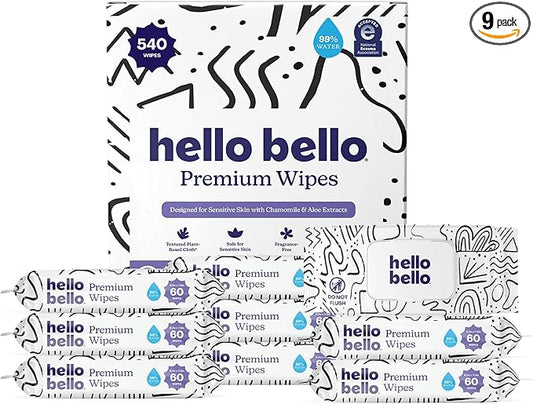 Hello Bello Premium Wipes, Designed for Sensitive Skin with Chamomile & Aloe Extracts, Playful Sketches (9 Resealable Packets = 540 Total Wipes)