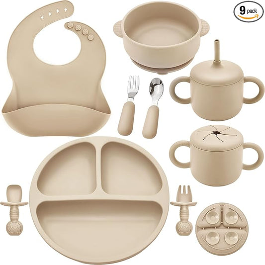 Bufims Silicone Baby Feeding Set, Baby Led Weaning Supplies, Eating Essentials Utensils with Suction Plate and Bowl, Pocket Bib, Sippy Cup with Lid, Forks Spoons Snack Container, for 6+ Months, Beige