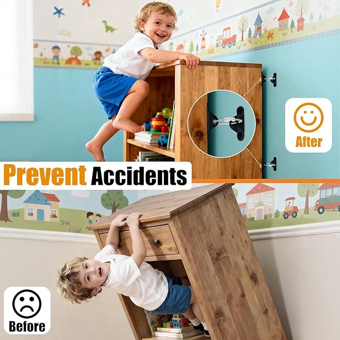 6-Pack Furniture Anchors for Baby Proofing, Anti Tip Straps Safety Kit to Prevent Dresser, Bookshelf, Cabinet from Tipping Over for Child & Pet Safety (Black)