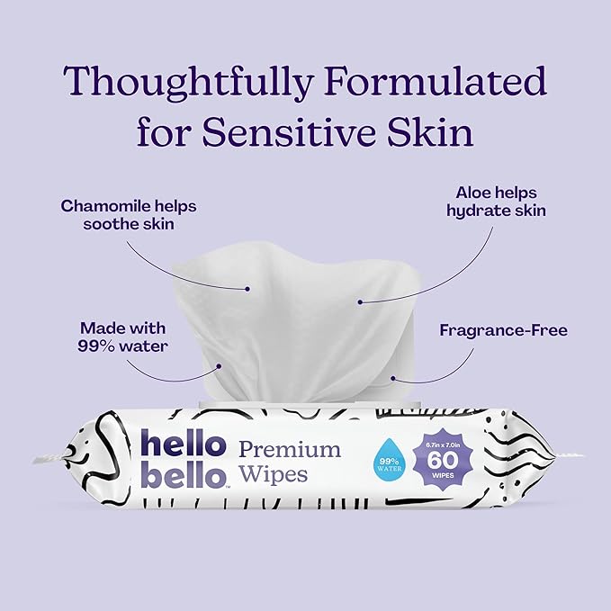 Hello Bello Premium Wipes, Designed for Sensitive Skin with Chamomile & Aloe Extracts, Playful Sketches (18 Resealable Packets = 1080 Total Wipes)