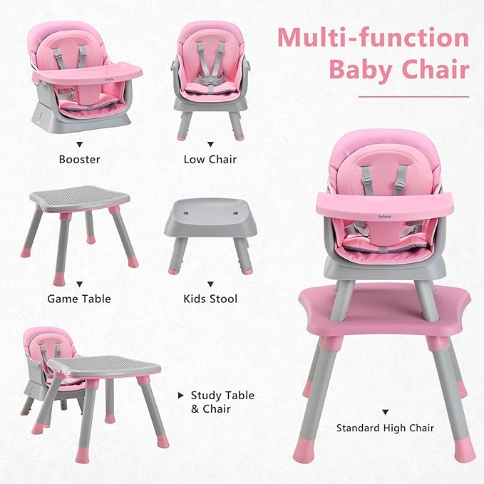 INFANS 8 in 1 Baby High Chair, Convertible Highchair for Babies and Toddlers, Infant Dining Booster Seat, Building Block Table, Kids Stool Table Chair Set with Removable Tray (Light Pink)