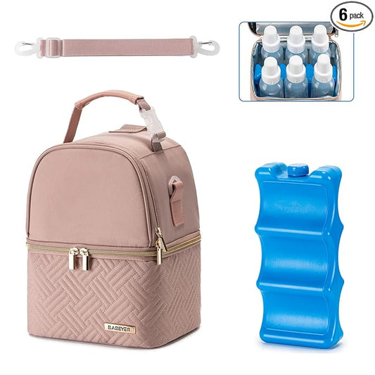 Breastmilk Cooler Bag with Ice Pack Fits 6 Baby Bottles up to 9 Ounce, Breast Milk Pump Cooler Bag with Shoulder Strap for Nursing Mom Daycare, Work, Travel- Pink