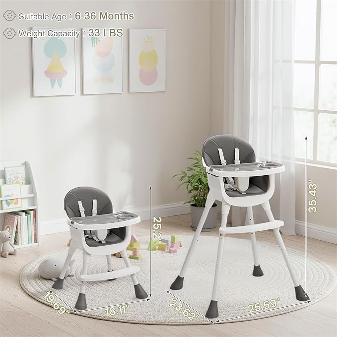 Ktaxon 3-in-1 Baby High Chair, Portable Adjustable Height Highchair with Removable Dual-Layer Tray, 5-Point Safety Harness and Footrest for Toddlers & Babies, Grey