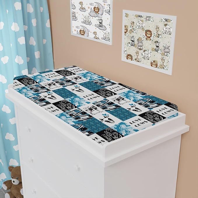Love Cows Changing Pad Cover Hippie Funny Cows Boho Floral Change Table Pad Cover for Boys Girls Soft Breathable Stretchy Snug Fitted Unisex Diaper Change Table Sheets Mats 32''x16'' Blue