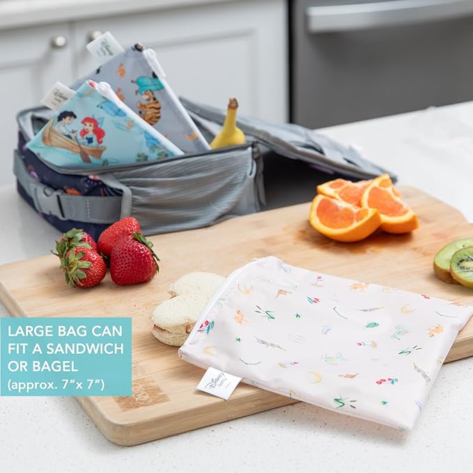 Bumkins Disney Ruffle Apron Bib and 3-pack Snack Bags, Waterproof Fabric, Tiana