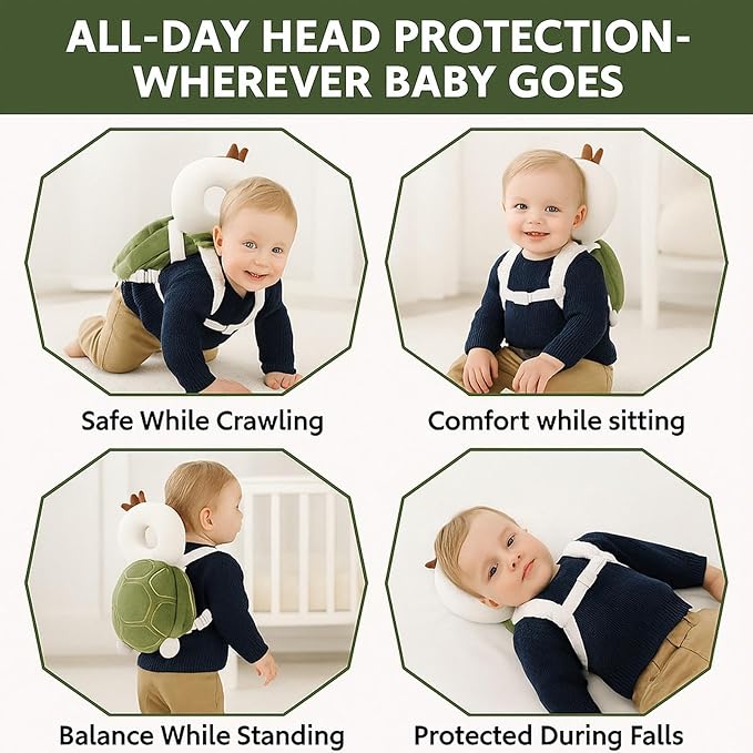 NAZO Baby Head Protector Backpack – Soft Infant Safety Pillow for Fall Protection – Cushions Toddler’s Head While Crawling and Walking – Baby Fall Back Support (Turtle)