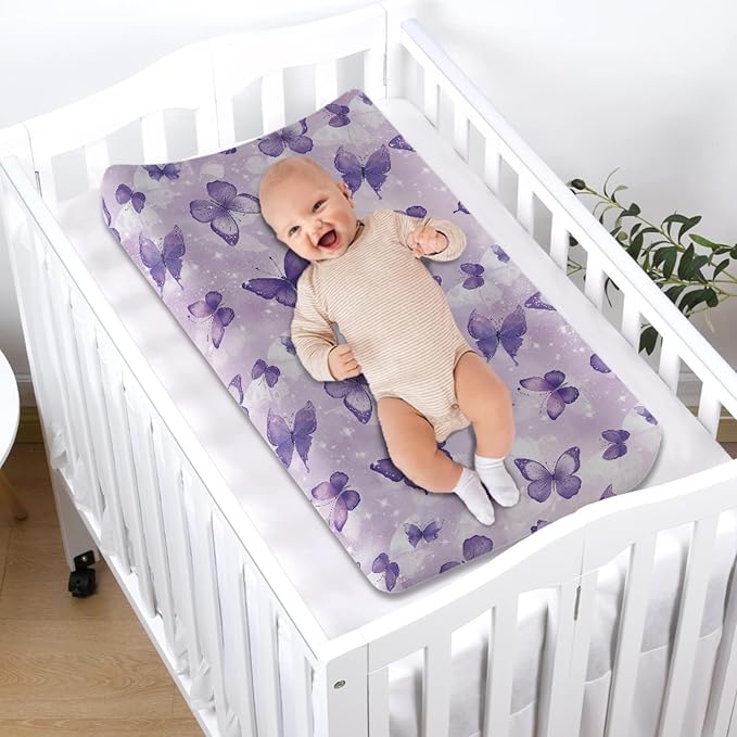 Purple Butterfly Diaper Changing Pad Covers Soft & Stretchy Changing Pad Protectors for Baby Girls, One Size, Fancy Style Change Table Cover