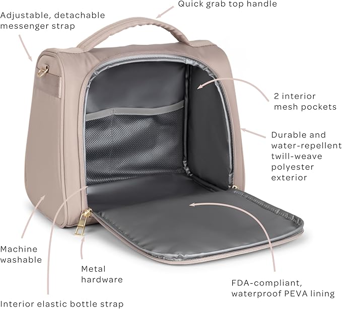 JuJuBe Insulated Bottle Bag, Breastmilk Cooler Bag Fits 3 Baby Bottles, Storage Tote for Nursing Mom, Daycare & Travel, Lunch Bag w/Handle & Shoulder Strap (Taupe)