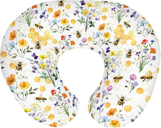 Boho Wildflower Bees Honeycomb Baby Nursing Pillow Covers for Boy Girl Watercolor Honeybee Floral Nursing Slipcovers for Breastfeeding Pillows Summer Soft Stretchy Removable Cover for Newborn Infant