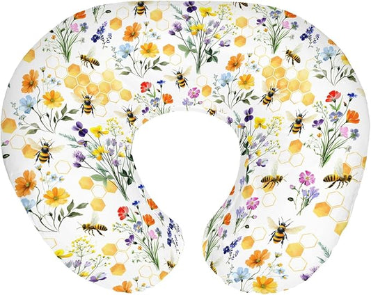 Boho Wildflower Bees Honeycomb Baby Nursing Pillow Covers for Boy Girl Watercolor Honeybee Floral Nursing Slipcovers for Breastfeeding Pillows Summer Soft Stretchy Removable Cover for Newborn Infant