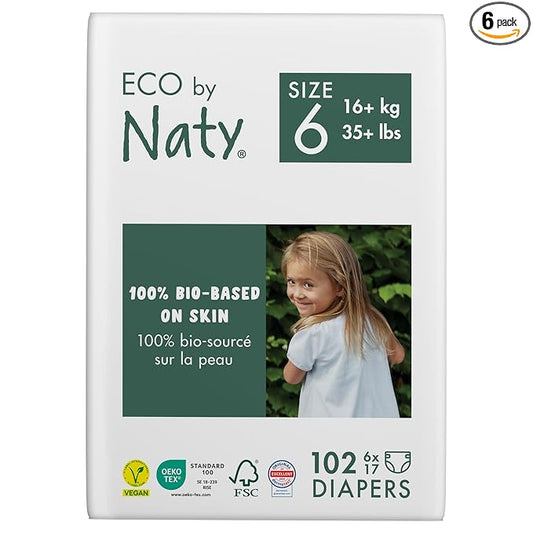 Eco by Naty Baby Diapers - Plant-Based Eco-Friendly Diapers, Great for Baby Sensitive Skin and Helps Prevent Leaking (Size 6, 102 Count)