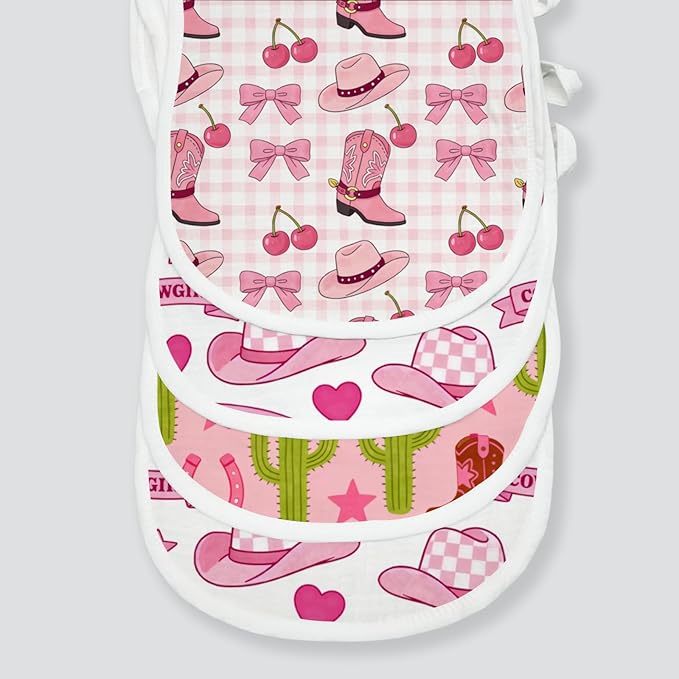 6 Pack Baby Burp Cloths, 100% Cotton Crinkle Muslin with Pink Western Cowgirl & Cherry Print, Large Soft & Absorbent Washcloths, Perfect Newborn Baby Girl Shower Gift