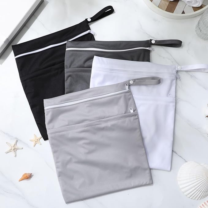 SATINIOR 4 Pack Wet Dry Bags for Baby Cloth Diapers 12x14 Washable Travel Swimsuit Wet Bags Reusable with Two Zippered Pockets for Yoga Gym Swimsuits Travel Beach Pool Soiled Items(Basic Color)