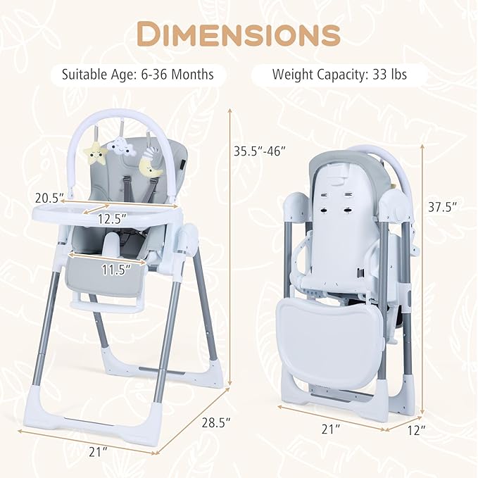 HONEY JOY Baby High Chair with Wheels, Foldable & Self-Stand Feeding Chair w/Toy Bar, Removable Cushion & Tray, Adjustable Heights & Recline Seat, Portable Highchair for Babies & Toddlers (Gray)