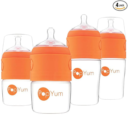 PopYum Orange Formula Making Baby Bottle Starter Set, 4-Pack, 2X 5oz Bottles with #1 Slow Flow Nipples + 2X 9oz Bottles with #2 Medium Flow Nipples