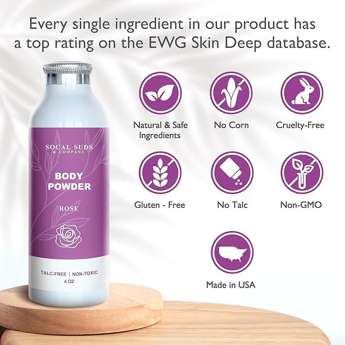 SoCal Suds & Company - Natural Body Powder Talc-Free with Arrowroot Powder, Kaolin, Aspen Bark Extract for Soft Soothing Delicate Skin - Rose 4oz, 1-Pack