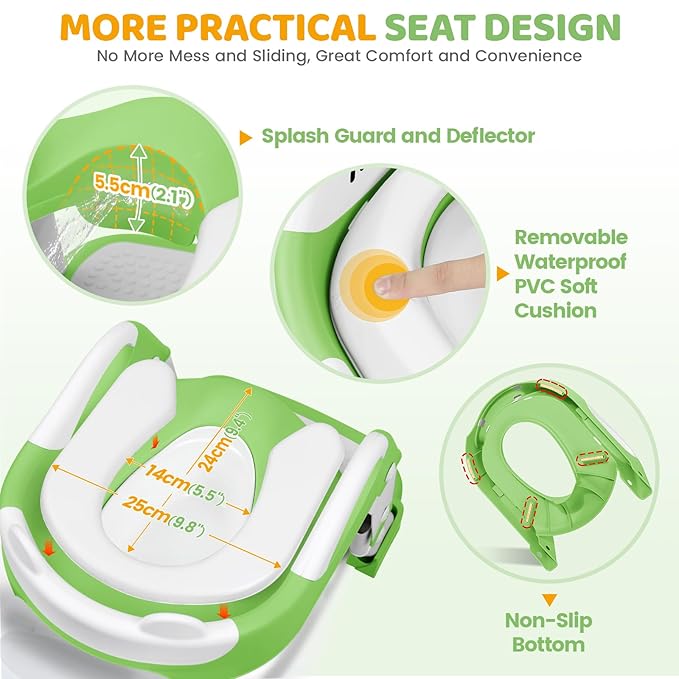 Orzbow Potty Training Seat, Toddler Toilet Seat with Step Stool Ladder, 2-in-1 Toddler Potty Training Toilet Chair for Kids Boys Girls - 5-Level Adjustable Height | Splash Guard | Anti Slip Pad, Green