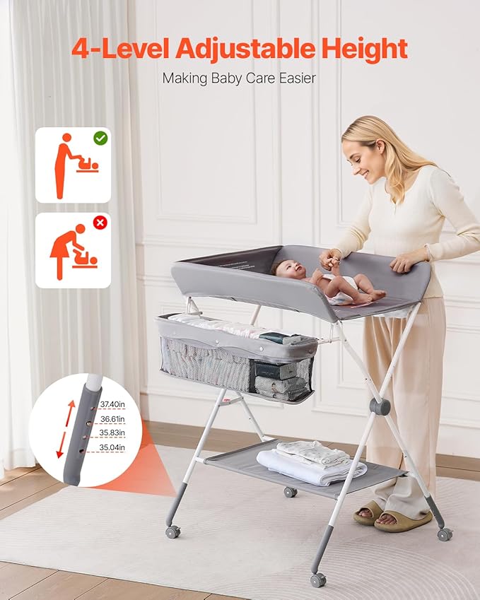VEVOR Baby Changing Table, Foldable Diaper Change Station with Side Basket, Adjustable Height Changing Table with Lockable Wheels, Multi-Functional Nursery Storage Organizer, Gray
