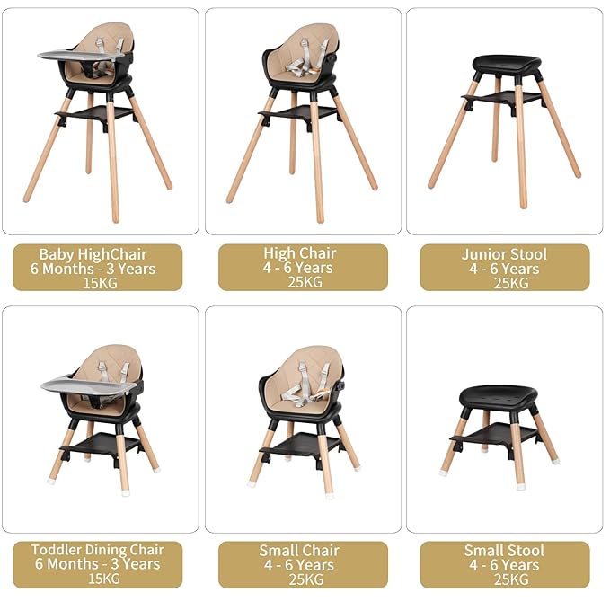 6 in 1 Baby High Chair, Convertible Wooden High Chairs/Booster Seat for Babies and Toddlers, Baby Feeding Chair with 5-Point Harness/Double Removable Tray & Adjustable Footrest (Black)