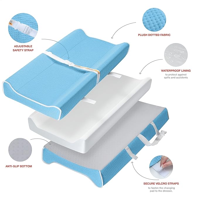 Changing Pad - Foam Contoured Baby Changing Pad for Dresser, Waterproof Diaper Changing Table Pad, Includes Soft, Removable & Washable Non-Slip Cover, Bonus Portable Toy Bar with Music Mode Included