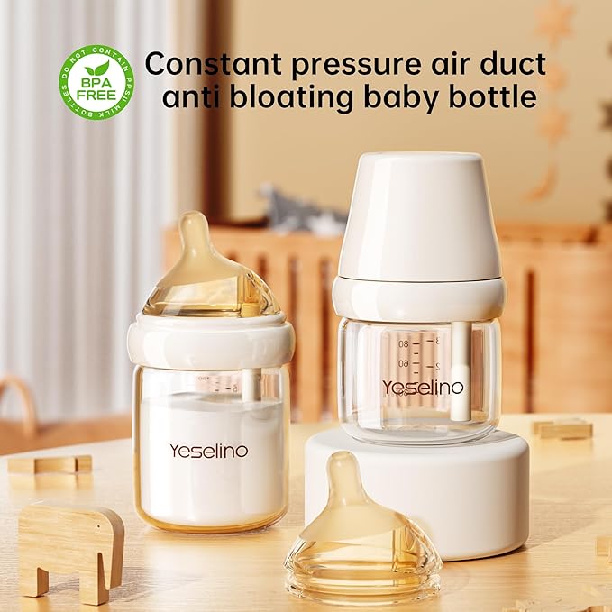 Natural Nursing Glass Baby Bottle - with Anti-Colic Vent System - BPA-Free, 3 oz and 5 oz with Slow Flow & Medium Flow Nipple, 0-6 Months, 2 Pack (Includes 4pcs Nipples)
