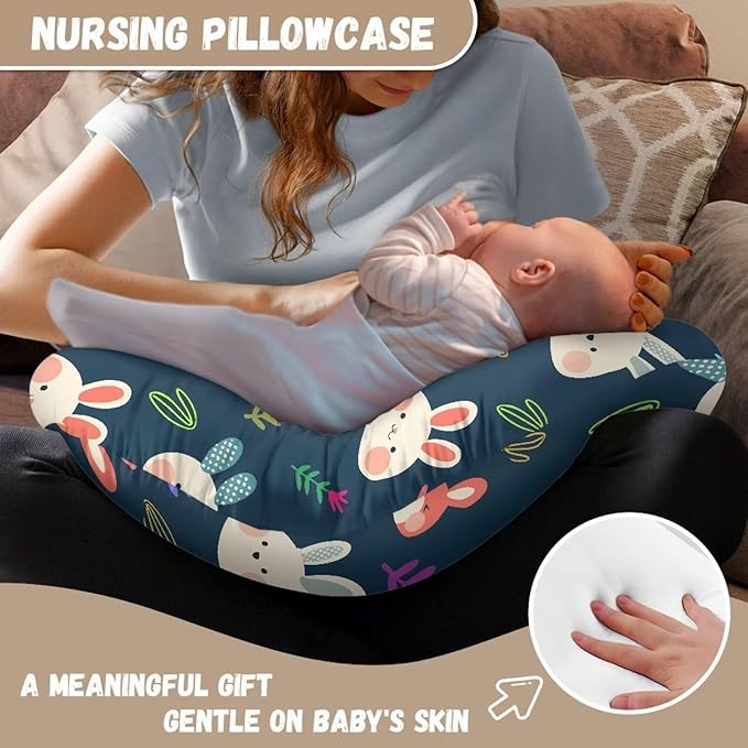 Cartoon Rabbit Nursing Pillow Cover Girls, Hand Draw Bunny Plant Leaves Baby Breastfeeding Infant Newborn Pillowcase Nursing Pillow Modern Botanical Original Support Cover