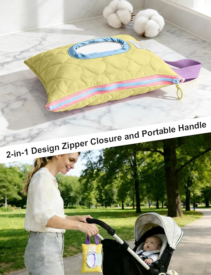 Reusable Baby Wipe Cover Fabric Quilted, Universal Size Travel-Friendly Baby Wipes Bag with Zipper Compatible with HUGGIES,WaterWipes,Pampers,Johnson and More Brands (Yellow)