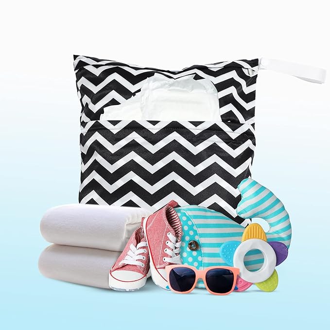 Frienda 4 Pieces Cloth Diaper Wet Dry Bag, Waterproof Reusable Washable Bag for Baby Items and Travel Zippered Pockets with Handle, Beach, Swimsuit, Dirty Gym Clothes and Toiletries(Dark Geometric)