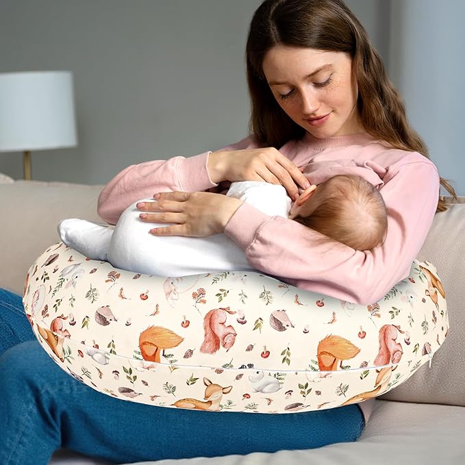 Nursing Pillow Cover for Baby Boy and Girl, Ultra Soft Comfortable Stretchy Removable Slipcover for Newborn Breastfeeding Pillows, Woodland Animals